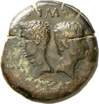 Dupondius des Octavian mit Darstellung Julius Caesars