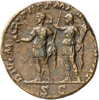 Sesterz des Septimius Severus mit Darstellung der den Kaiser krönenden Virtus