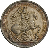 Medaille von Arvid Karlsteen auf die Verleihung des englischen Hosenbandordens an König Karl XI. von Schweden, 1669