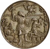 Medaille von Hans Reinhart mit Darstellung der Opferung Isaaks und der Kreuzigung Christi, 1539